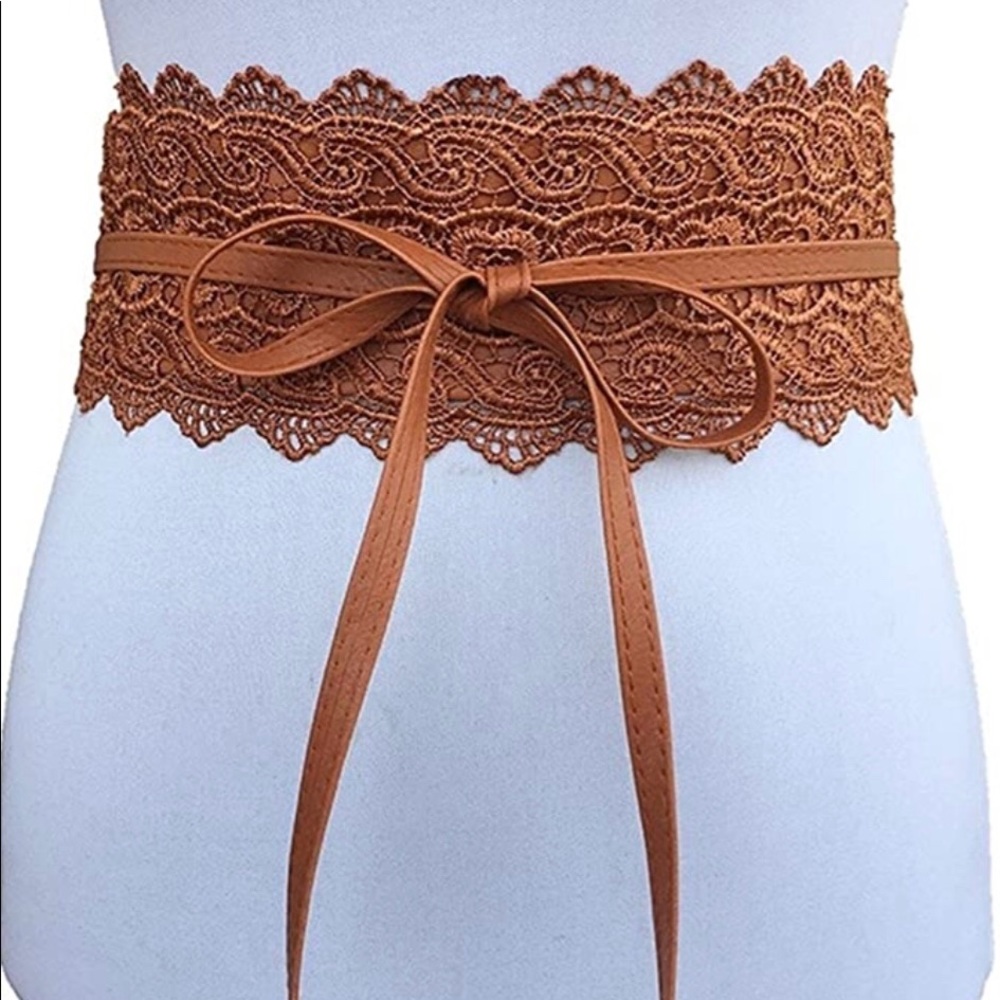 Cream Lace faux leather wide boho belt stretch - Picture 8 of 9